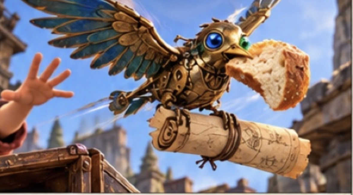 The brass bird flying off with bread and a rolled map