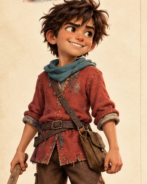 Finn, a boy with messy brown hair, red shirt and blue scarf