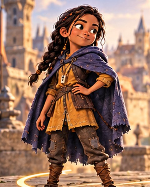 Mara, a girl with a long braid and a purple cloak