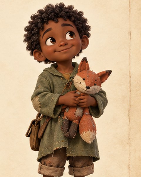Pip, a small boy with curly hair hugging a stuffed fox