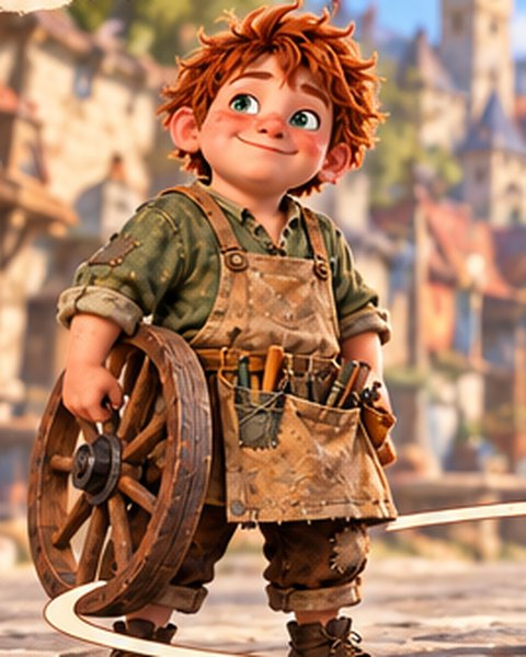 Toby, a red-haired boy in a work apron holding a wooden wheel
